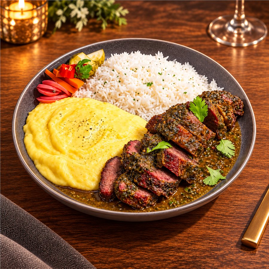 Asado de ternera. Puré de papas y arroz.