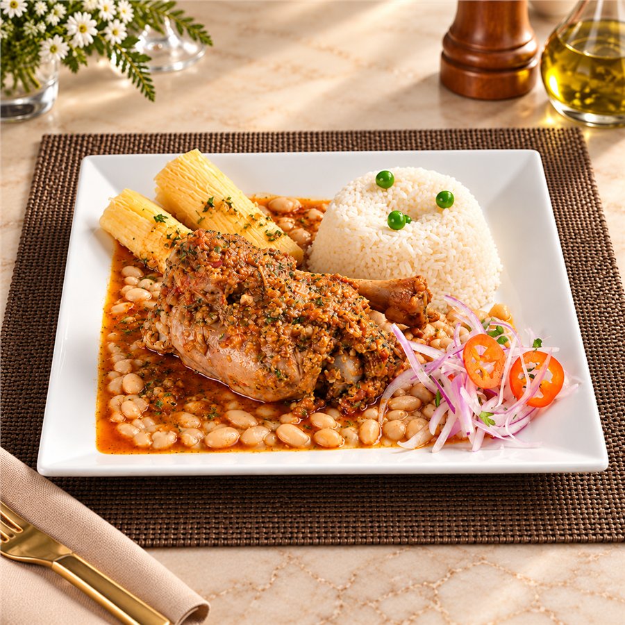 Cabrito norteño. Frejoles, arroz y yuca.