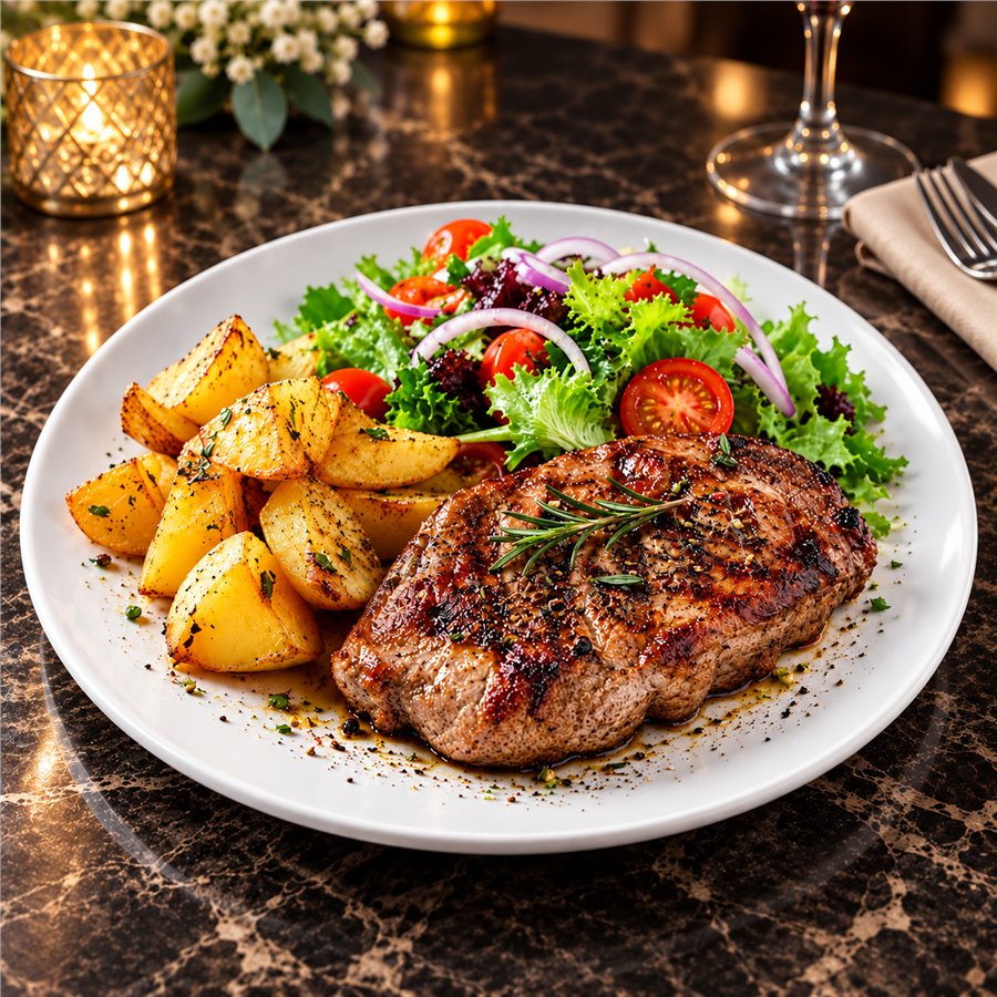 Filete de carne. Papas sancochadas y ensalada.