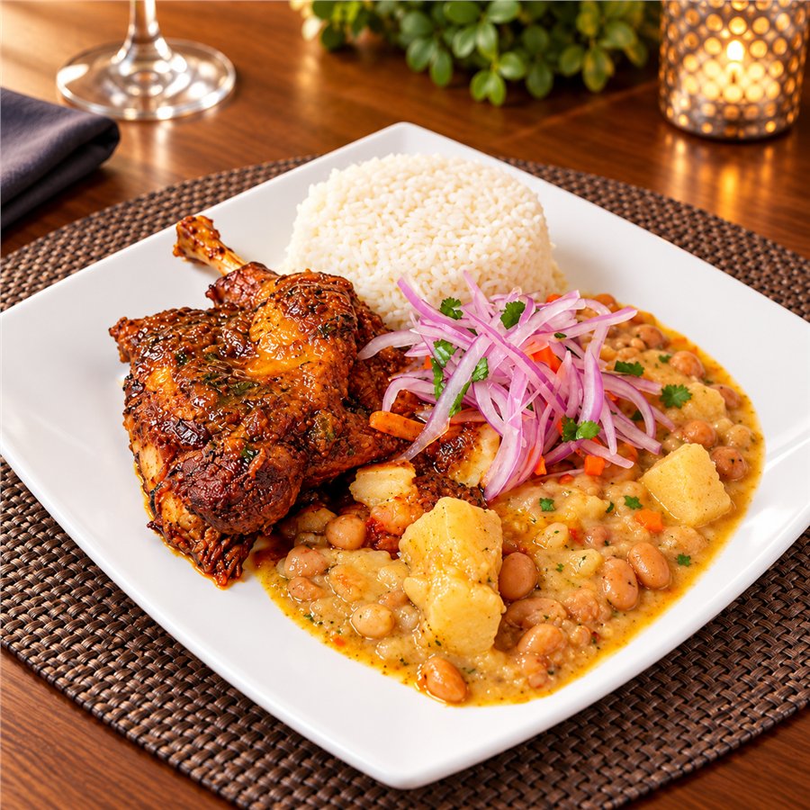 Pato guisado. Frejoles, arroz y yuca.
