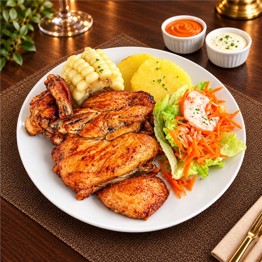 Pollo a la parrilla. Papa sancochada y ensalada fresca.