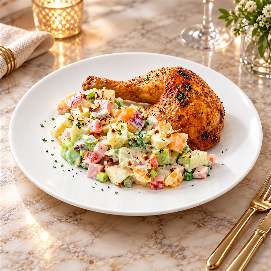 Pollo al horno. Ensalada blanca y arroz.